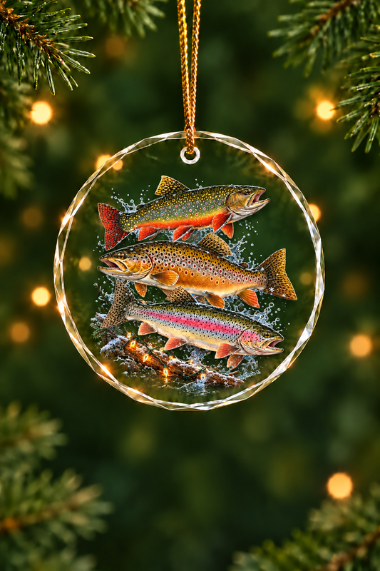 Frozen Creek Brook Brown Trout Slam Glass Ornament, Fishing Christmas Tree Keepsake