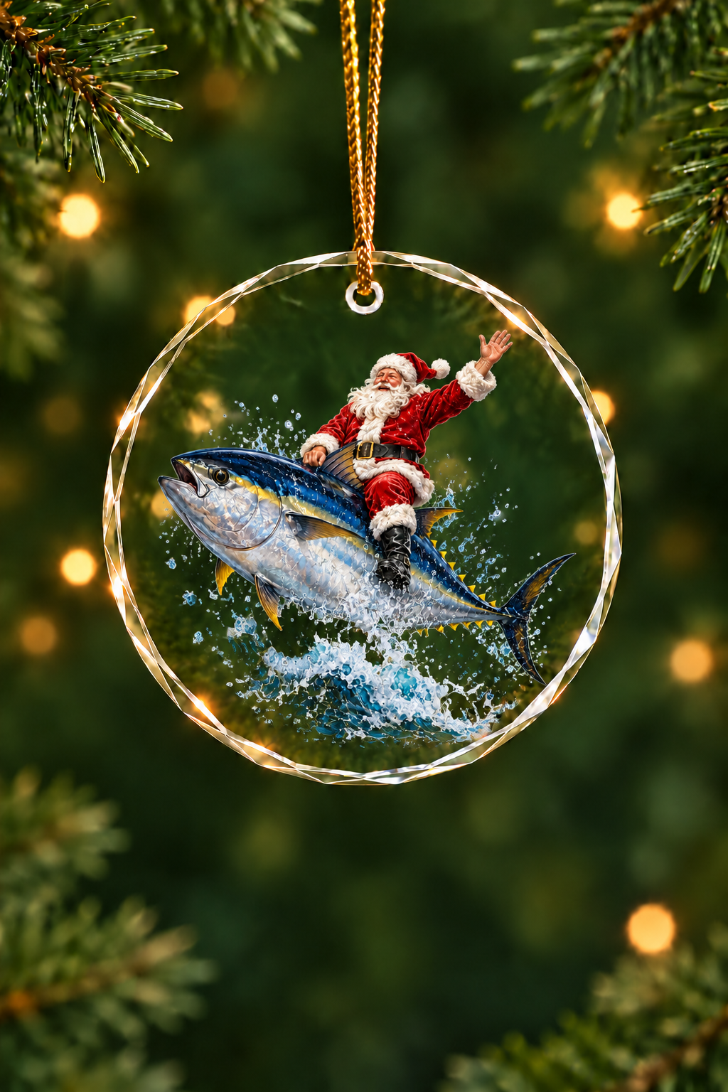 Santa Bluefin Tuna Ride Glass Ornament, Saltwater Fishing Christmas Keepsake