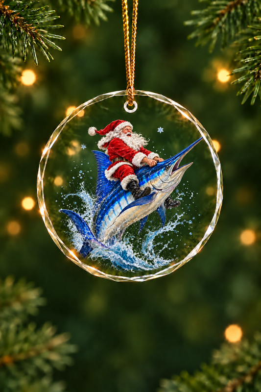 Santa Blue Marlin Rodeo Glass Ornament, Saltwater Fishing Christmas Keepsake