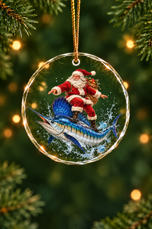 Santa Sailfish Surf Glass Ornament, Saltwater Fishing Christmas Keepsake