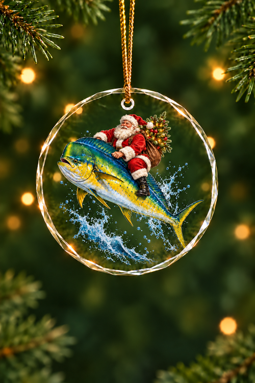 Santa Mahi Express Tree Glass Ornament, Angler Holiday Tree Decor