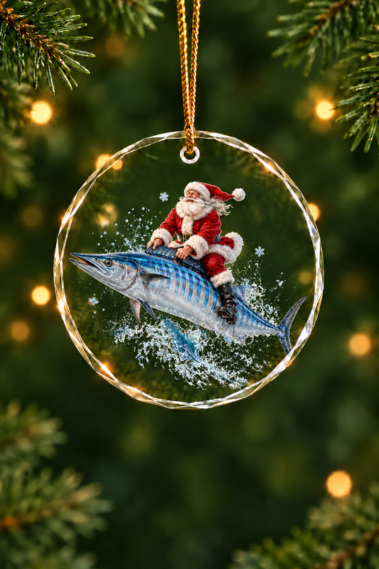 Santa Wahoo Dash Glass Ornament, Angler Holiday Tree Decor