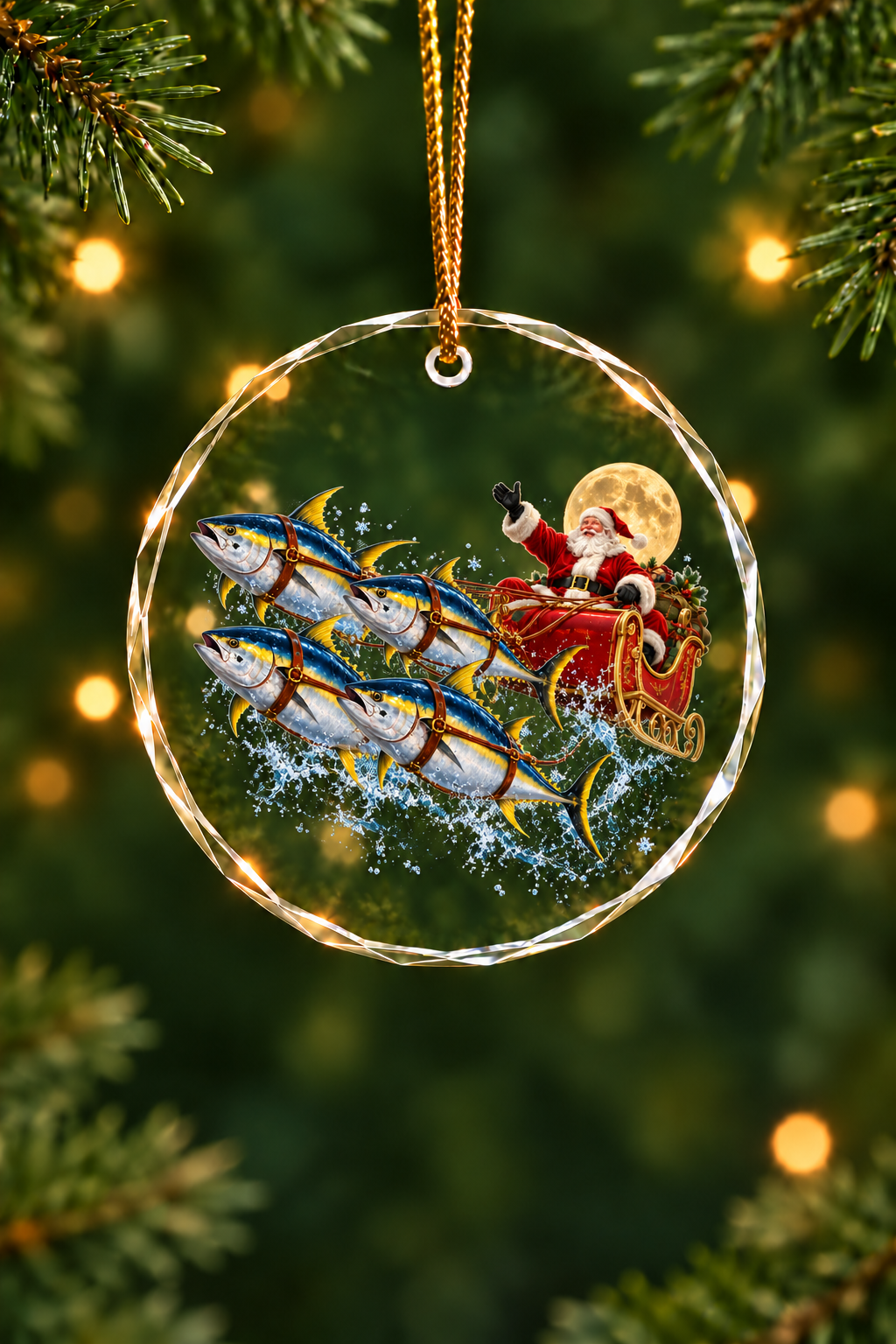 Santa Yellowfin Tuna Sleigh Glass Ornament, Fisherman Christmas Gift