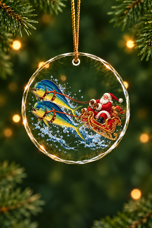 Santa Mahi Sleigh Night Glass Ornament, Fisherman Christmas Gift