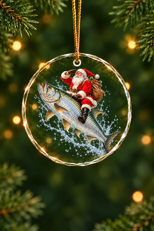 Santa Silver King Tarpon Glass Ornament, Saltwater Fishing Christmas Keepsake