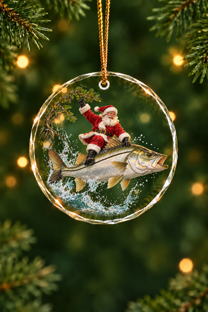 Santa Mangrove Snook Glass Ornament, Angler Holiday Tree Decor