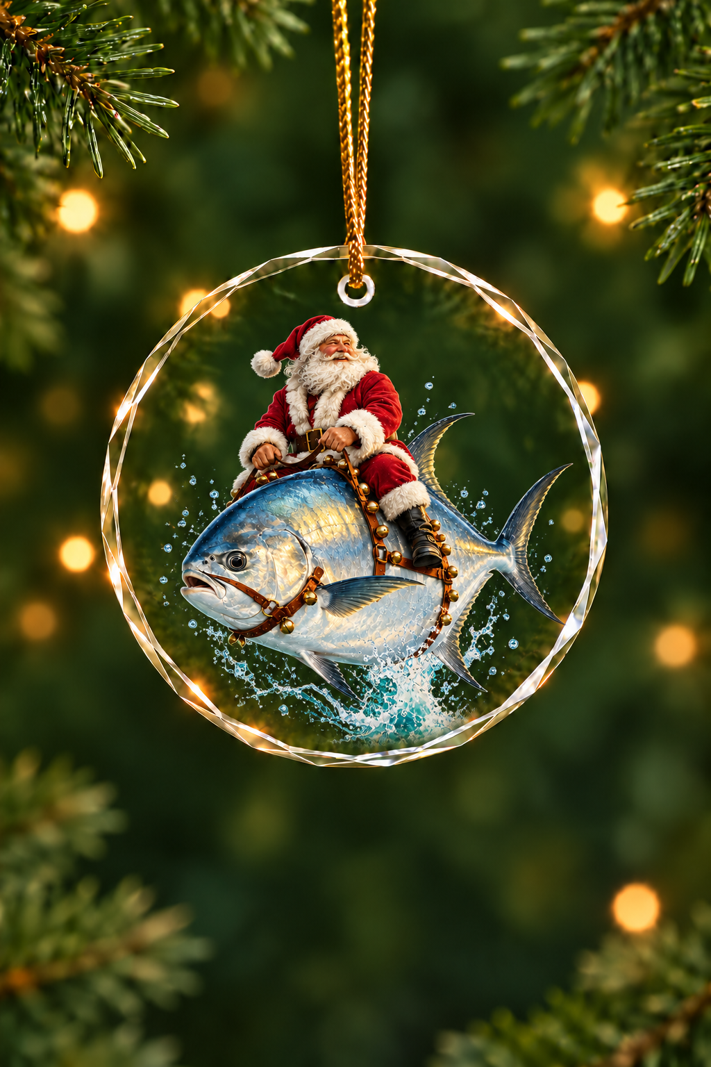 Santa Sunset Permit Glass Ornament, Fisherman Christmas Gift
