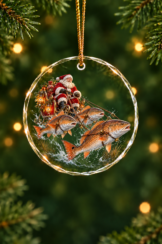 Santa Redfish Sleigh Glass Ornament, Angler Holiday Tree Decor