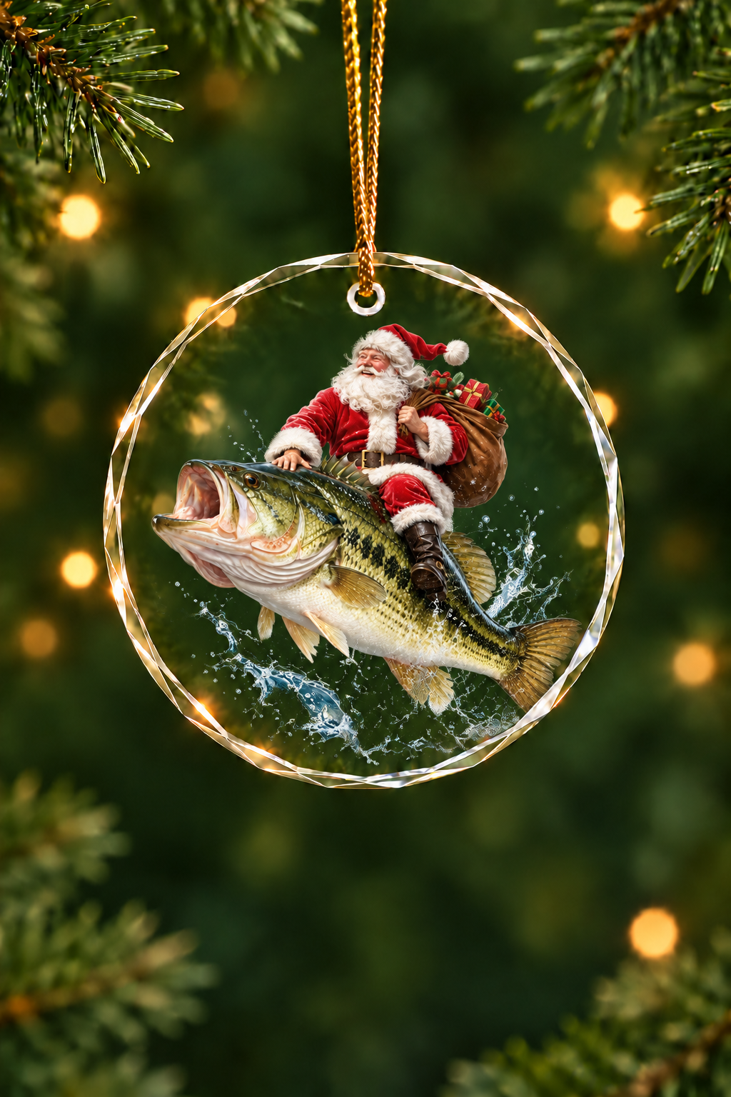 Santa Lake Largemouth Bass Glass Ornament, Fishing Christmas Tree Keepsake