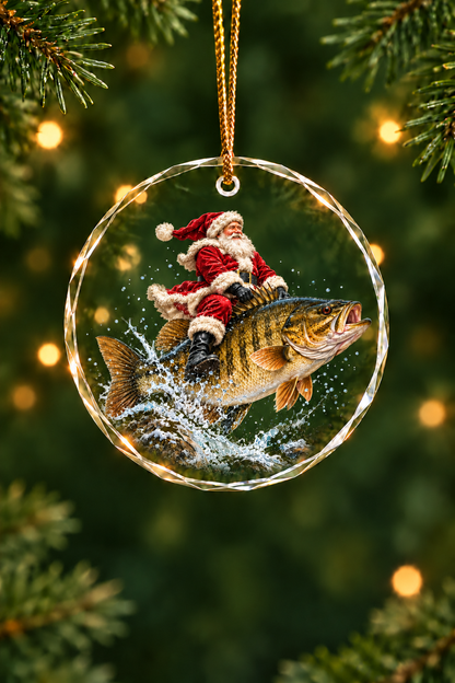 Santa River Smallmouth Bass Glass Ornament, Angler Holiday Tree Decor