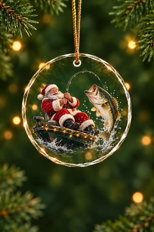 Santa Bass Boat Hookset Glass Ornament, Fisherman Christmas Gift
