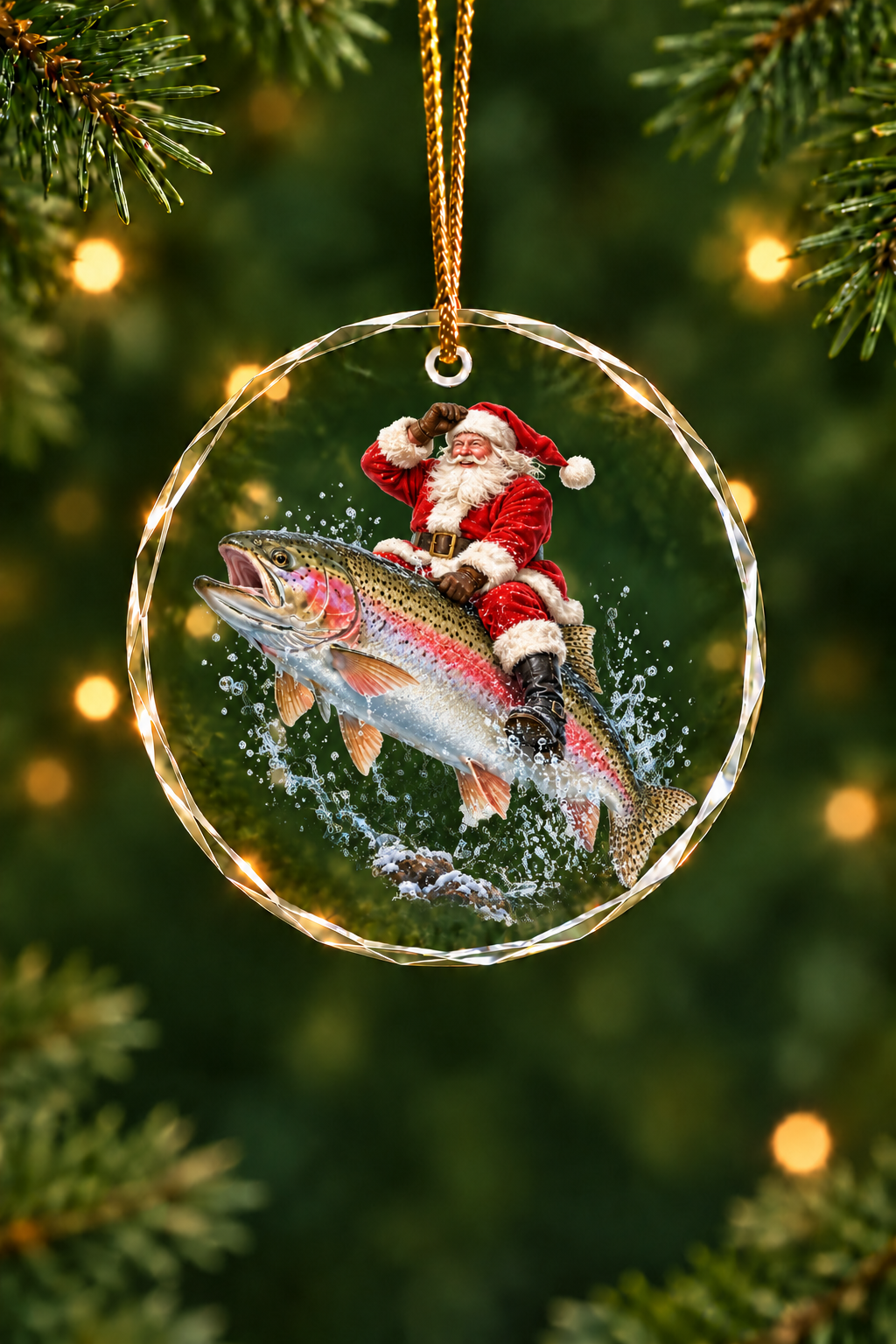 Santa Rainbow Trout Leap Glass Ornament, Fishing Christmas Tree Keepsake