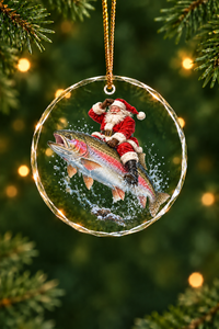 Santa Rainbow Trout Leap Glass Ornament, Fishing Christmas Tree Keepsake