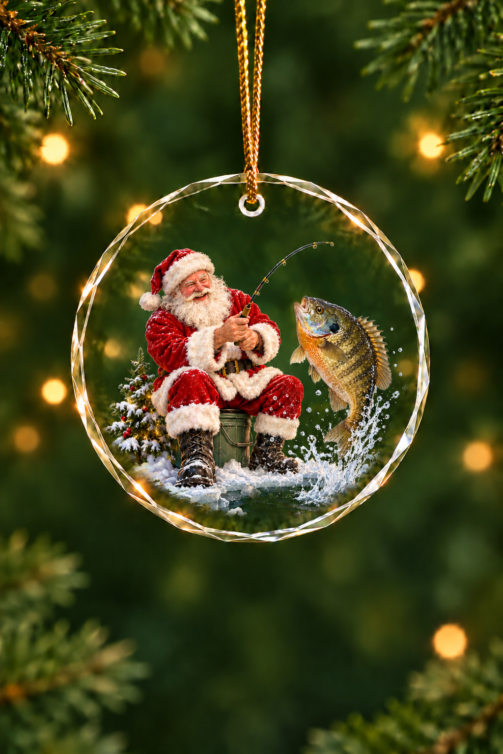 Santa Ice Fishing Bluegill Glass Ornament, Angler Holiday Tree Decor