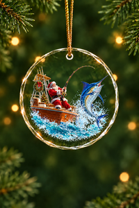 Santa Wooden Boat Blue Marlin Glass Ornament, Saltwater Fishing Christmas Keepsake