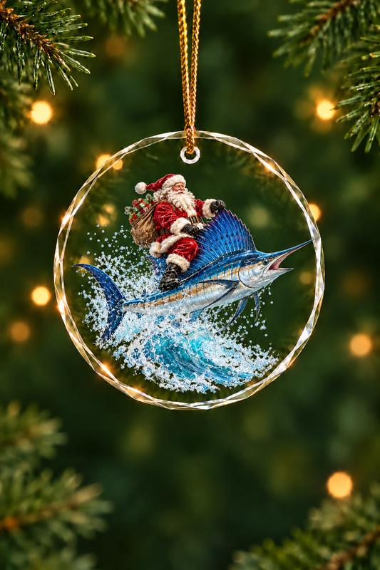 Santa Sailfish Wave Ride Glass Ornament, Fisherman Christmas Gift