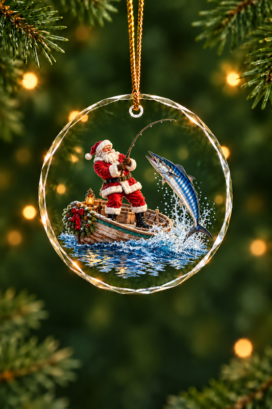 Santa Skiff Wahoo Strike Glass Ornament, Angler Holiday Tree Decor