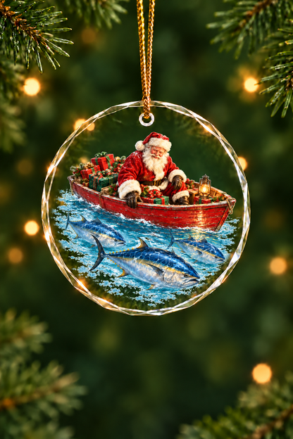 Santa Rowboat Bluefin Tuna Glass Ornament, Angler Holiday Tree Decor