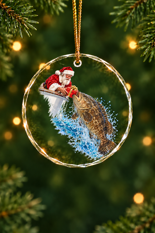 Santa Gift Goliath Grouper Glass Ornament, Fisherman Christmas Gift