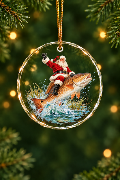 Santa Marsh Redfish Ride Glass Ornament, Saltwater Fishing Christmas Keepsake