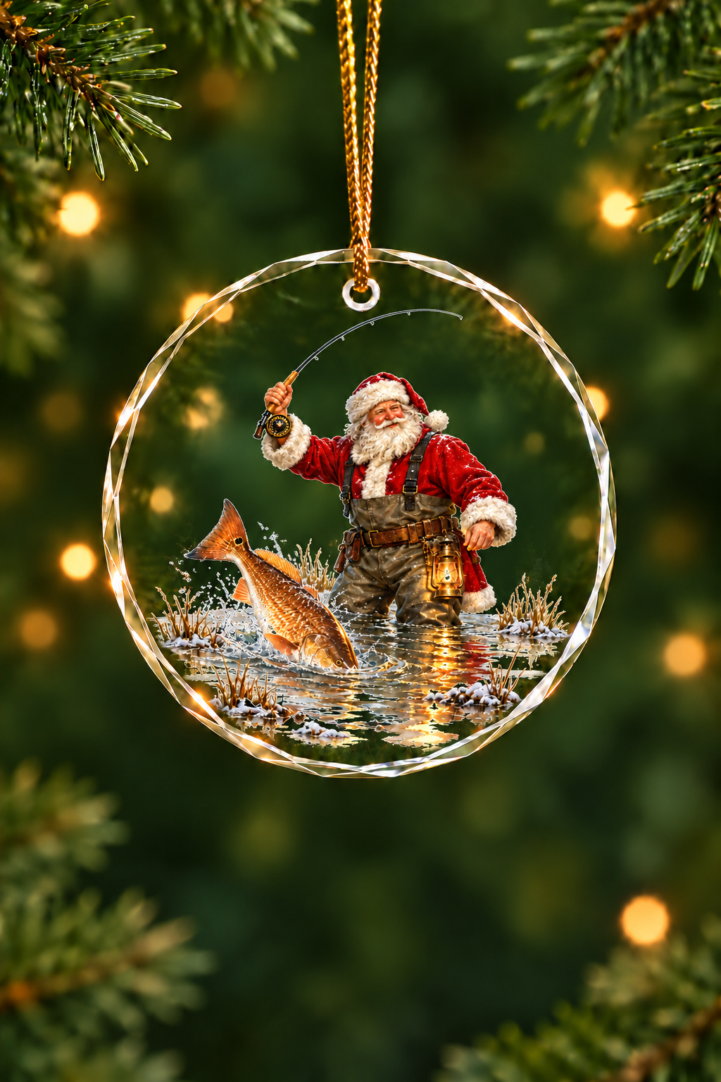 Santa Snowy Marsh Redfish Glass Ornament, Fisherman Christmas Gift