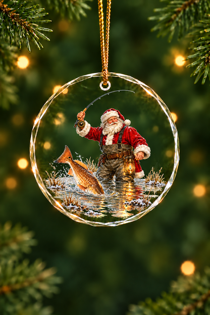Santa Snowy Marsh Redfish Glass Ornament, Fisherman Christmas Gift