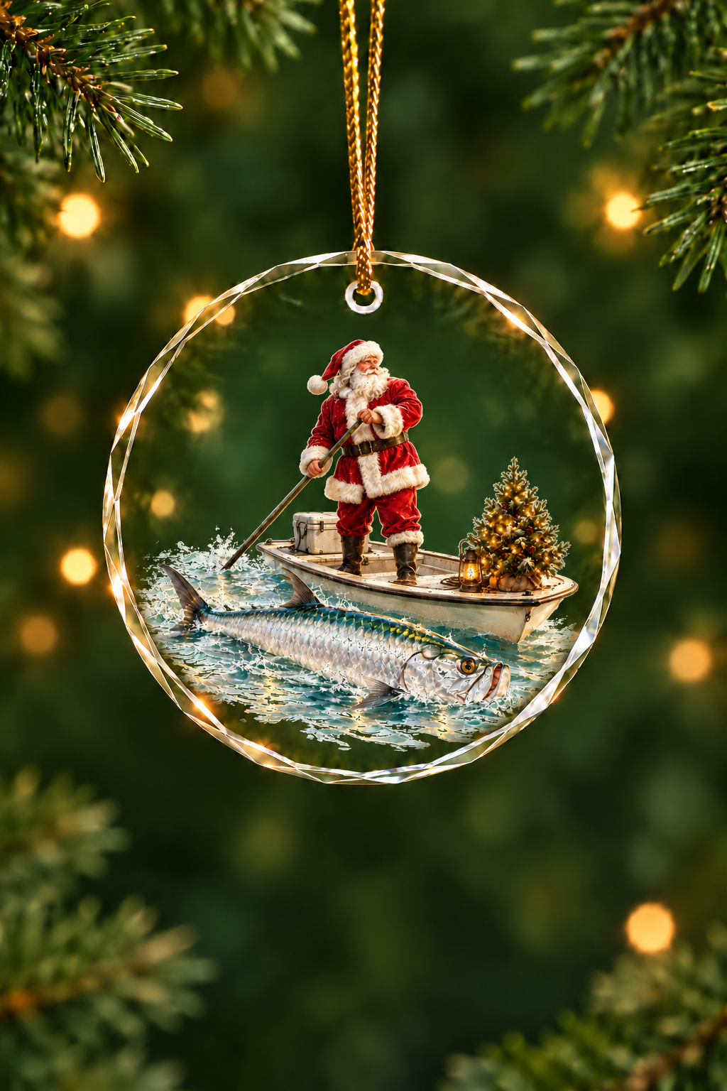 Santa Poling Skiff Tarpon Glass Ornament, Fisherman Christmas Gift