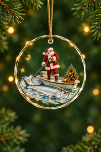 Santa Poling Skiff Tarpon Glass Ornament, Fisherman Christmas Gift