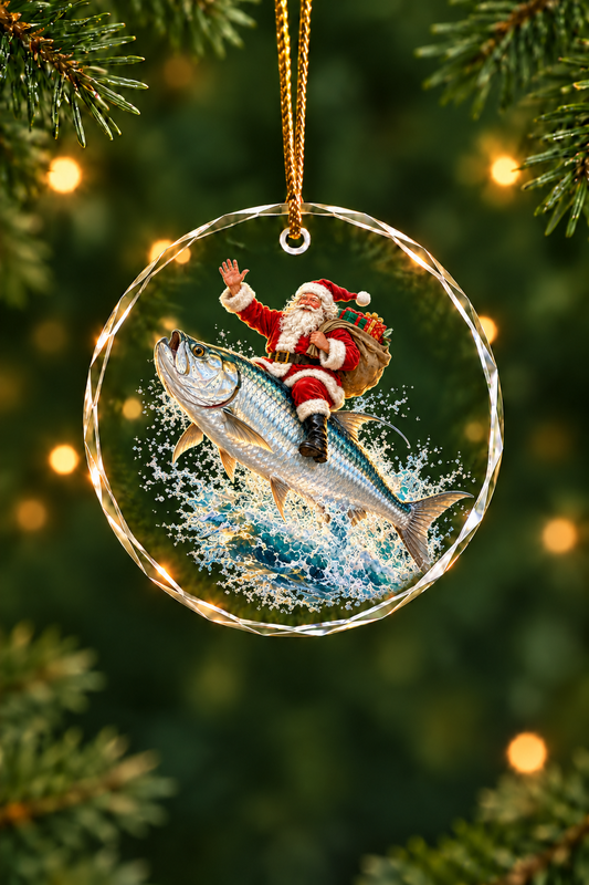 Santa Sunset Tarpon Ride Glass Ornament, Fisherman Christmas Gift