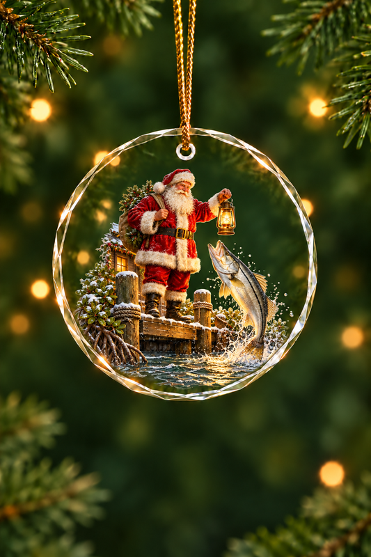 Santa Mangrove Dock Snook Glass Ornament, Saltwater Fishing Christmas Keepsake