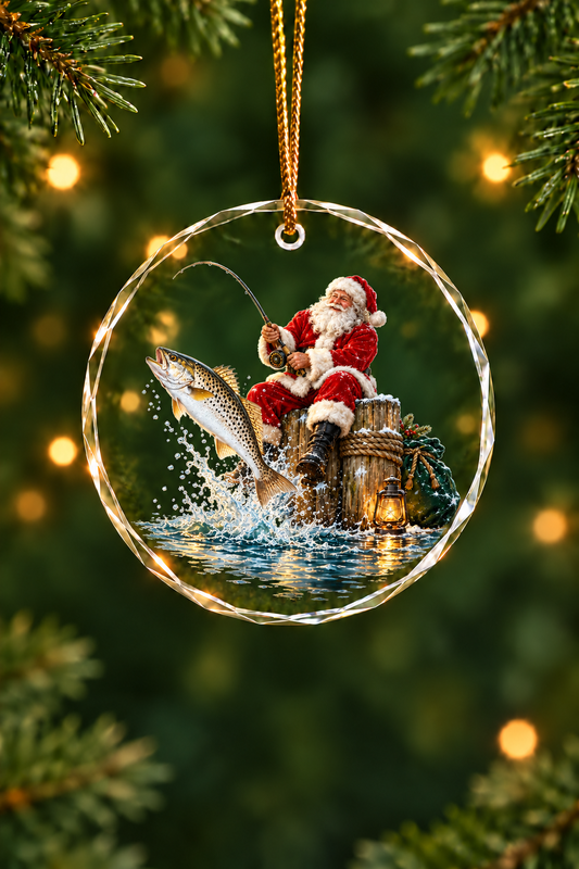 Santa Piling Speckled Trout Glass Ornament, Saltwater Fishing Christmas Keepsake