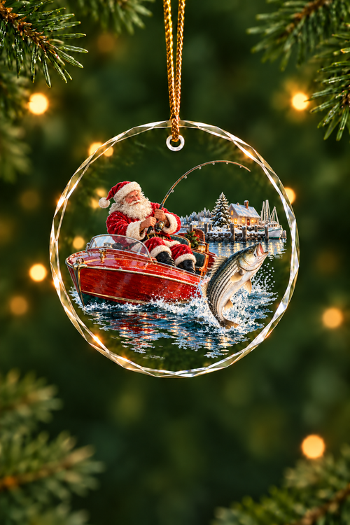 Santa Harbor Striped Bass Glass Ornament, Angler Holiday Tree Decor