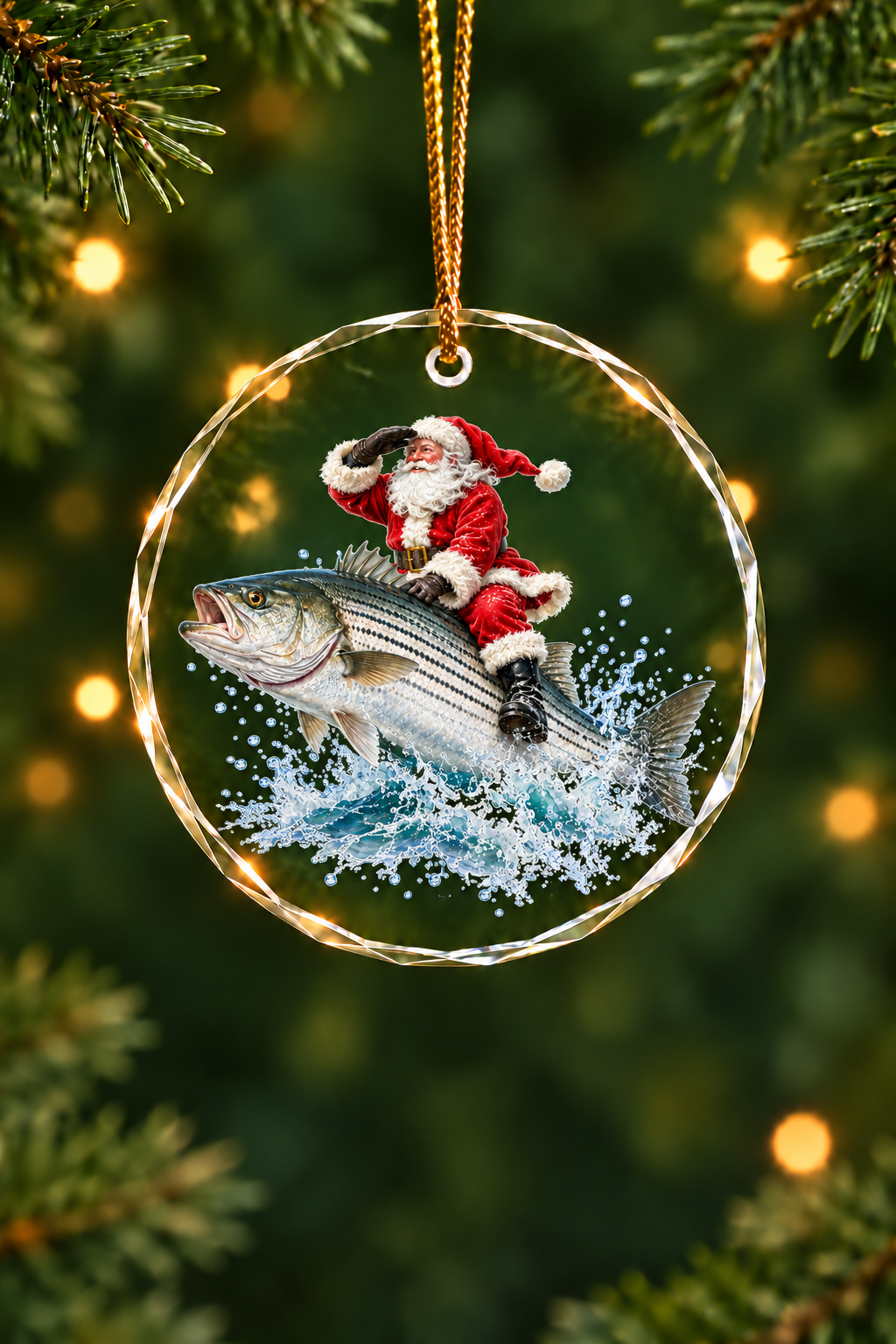 Santa Snowy Surf Striped Bass Glass Ornament, Saltwater Fishing Christmas Keepsake