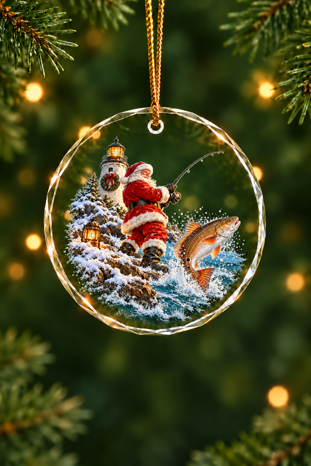 Santa Lighthouse Surf Redfish Glass Ornament, Fisherman Christmas Gift