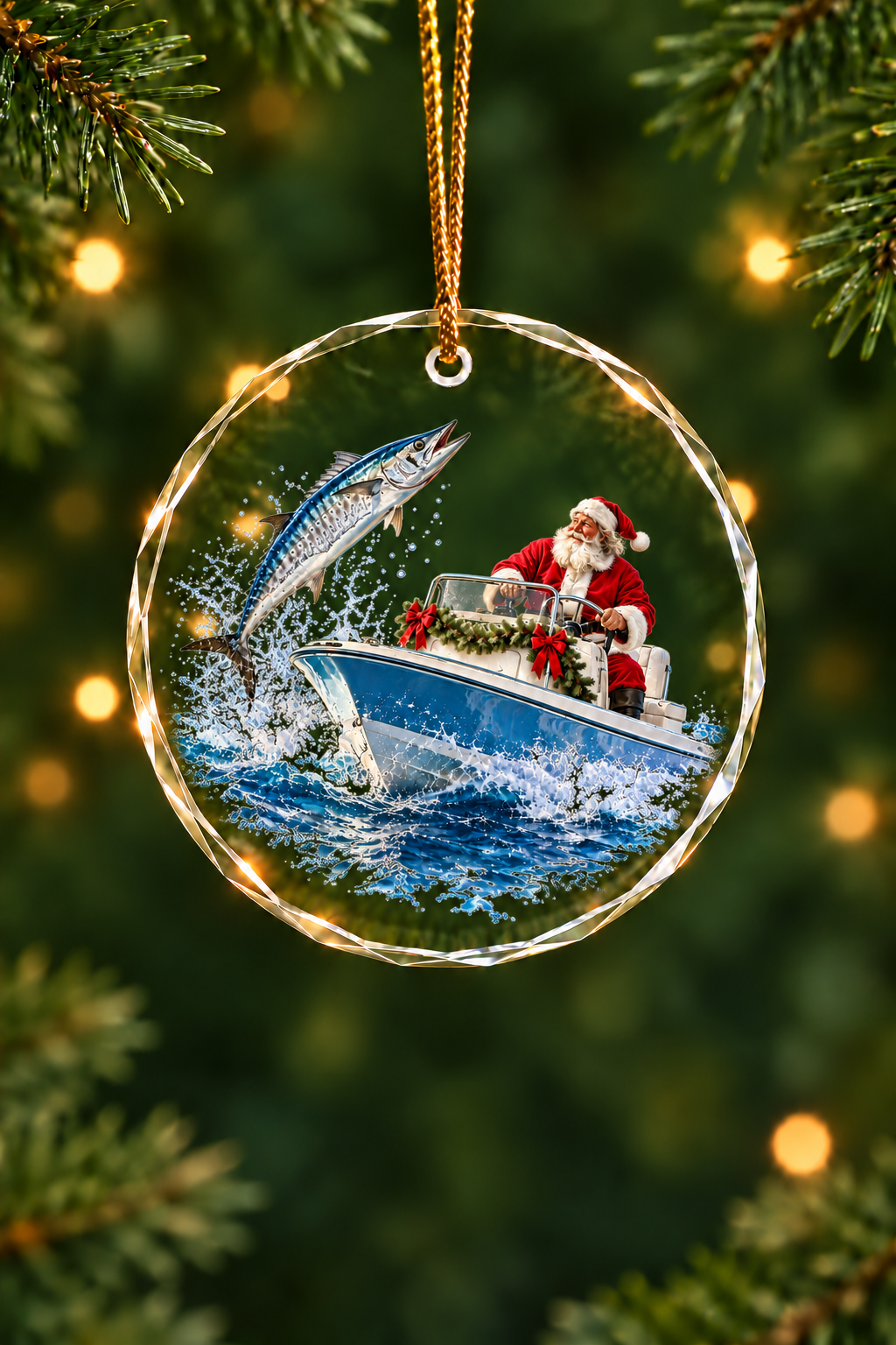Santa Garland Boat King Mackerel Glass Ornament, Saltwater Fishing Christmas Keepsake