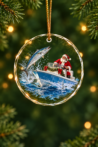 Santa Garland Boat King Mackerel Glass Ornament, Saltwater Fishing Christmas Keepsake