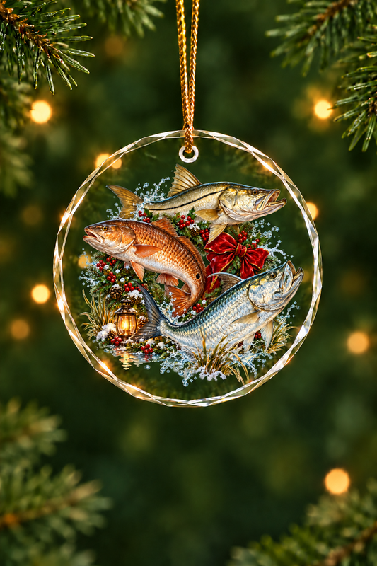 Holly Wreath Snook Tarpon Slam Glass Ornament, Angler Holiday Tree Decor