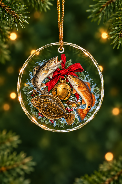 Sleigh Bell Speckled Trout Slam Glass Ornament, Angler Holiday Tree Decor