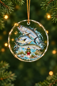 Lighthouse Bonefish Permit Slam Glass Ornament, Fisherman Christmas Gift