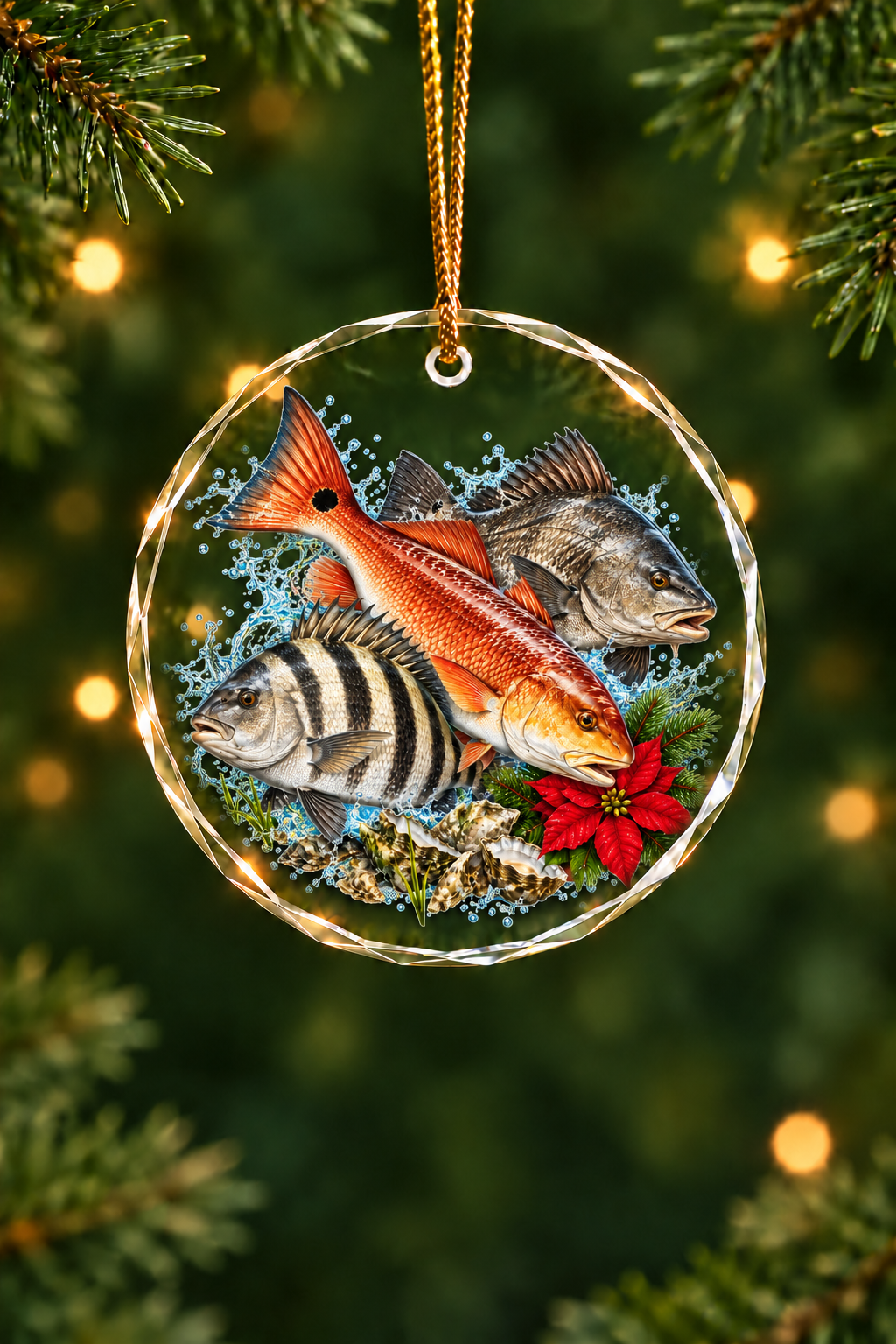 Poinsettia Oyster Redfish Drum Slam Glass Ornament, Saltwater Fishing Christmas Keepsake