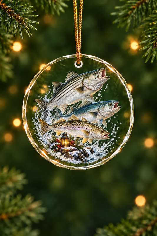 Jetty Lantern Striped Bass Slam Glass Ornament, Angler Holiday Tree Decor