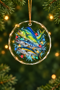 Christmas Bulbs Mahi Wahoo Slam Glass Ornament, Angler Holiday Tree Decor