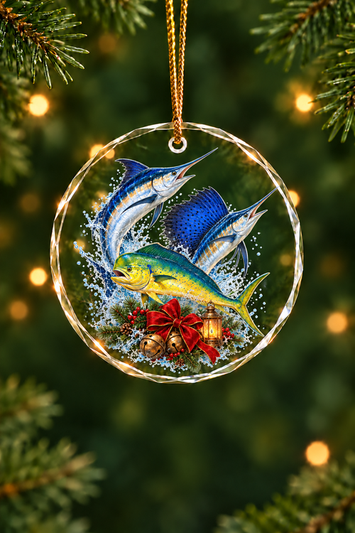Sleigh Bells White Marlin Slam Glass Ornament, Saltwater Fishing Christmas Keepsake