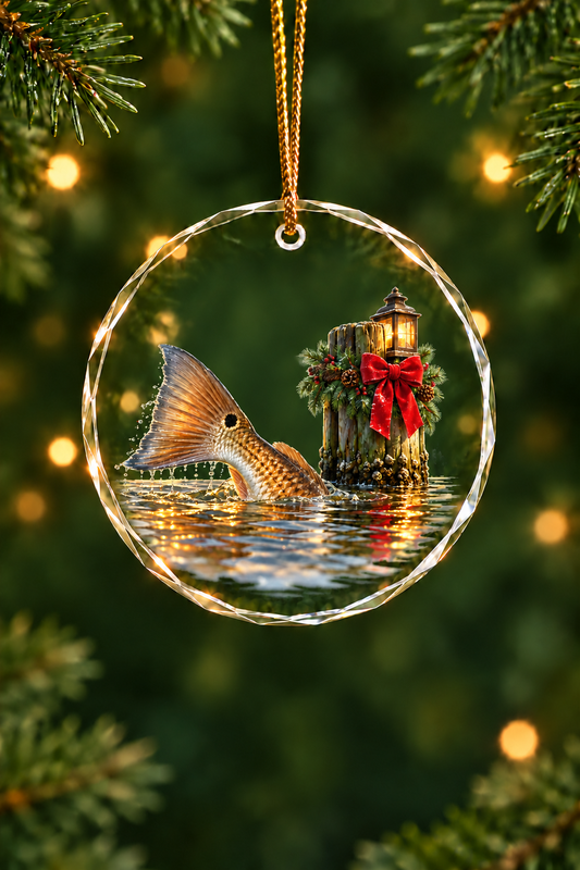 Wreath Piling Redfish Tail Glass Ornament, Fisherman Christmas Gift