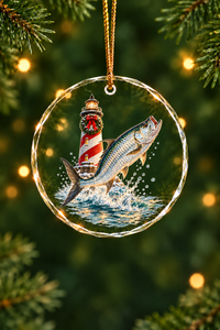Striped Lighthouse Silver Tarpon Glass Ornament, Saltwater Fishing Christmas Keepsake