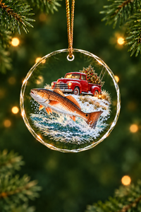 Red Truck Surf Redfish Glass Ornament, Saltwater Fishing Christmas Keepsake