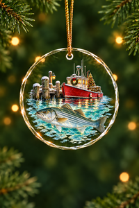 Lobster Boat Striped Bass Glass Ornament, Angler Holiday Tree Decor