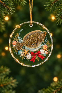 Seashell Wreath Flounder Glass Ornament, Fisherman Christmas Gift