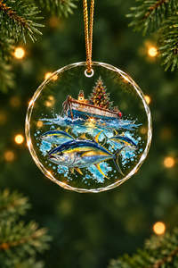 Lit Tree Boat Yellowfin Tuna Glass Ornament, Angler Holiday Tree Decor