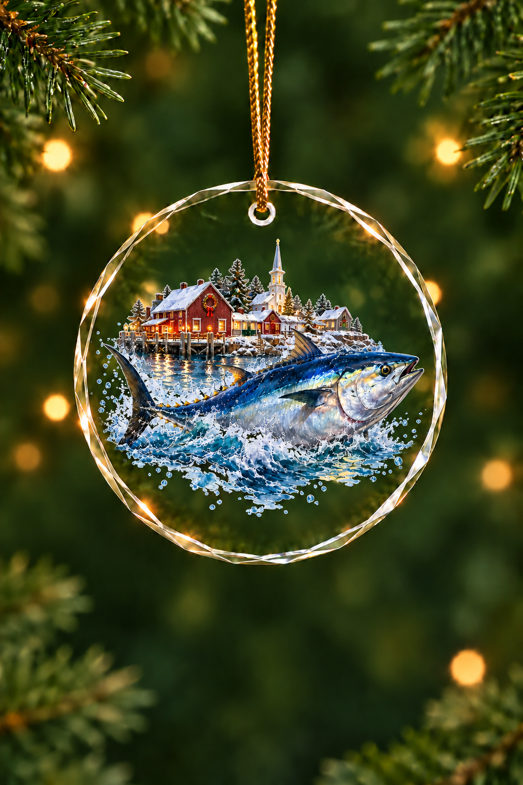 Church Steeple Bluefin Tuna Glass Ornament, Fisherman Christmas Gift